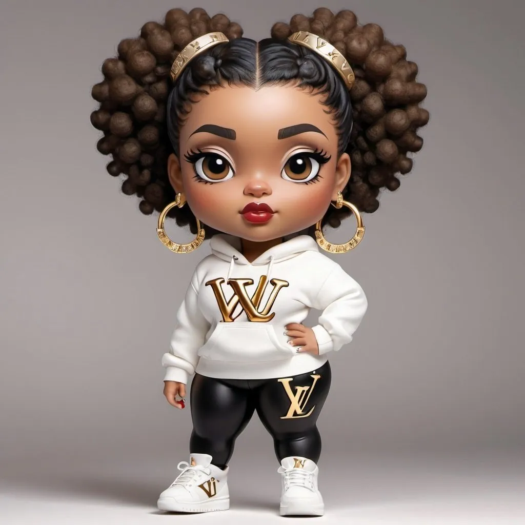 Prompt: Create a 3d airbrushed chibe African-American Betty boop curvy woman with big brown eyes , natural Afro ponytail trending hairstyle, large gold hoops , wearing a crop Louis Vuitton white sweater, with black leggings paired with white trending sneakers