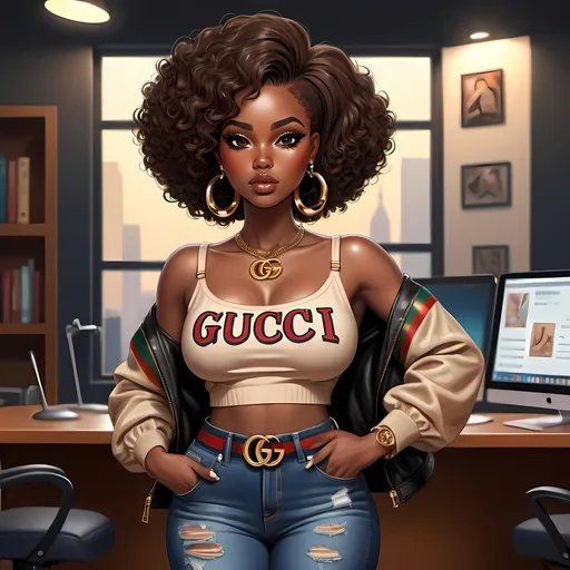 Prompt: Cartoon illustration, Urban African American woman with large gold hoops, big brown eyes, short hairstyle, curvy figure, wearing jeans and Gucci logo crop top, carrying a Gucci purse, 4k HD, animated background, dark skin, thick thighs, high heels, urban, detailed eyes, fashionable, dynamic lighting, luxury brand, stylish, professional illustration, reading in her office , colorful background
