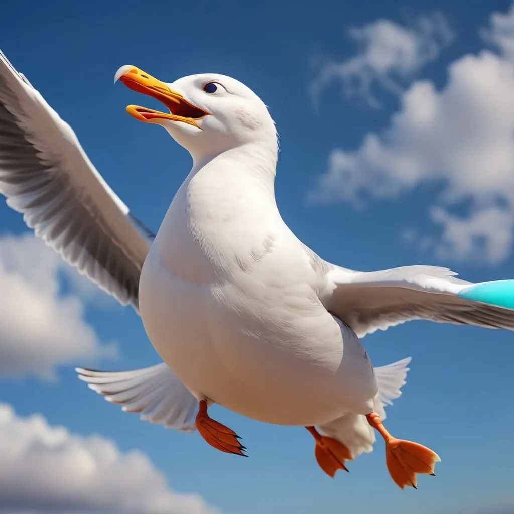 Prompt: I don't want a human being, I want a seagull. A seagull flying in the sky. This seagull will be the character of a shipping company and should be cute and adorable.