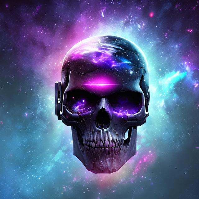 Prompt: create galaxy sky beuatiful color, them cyber punk&fallen sky with skull face