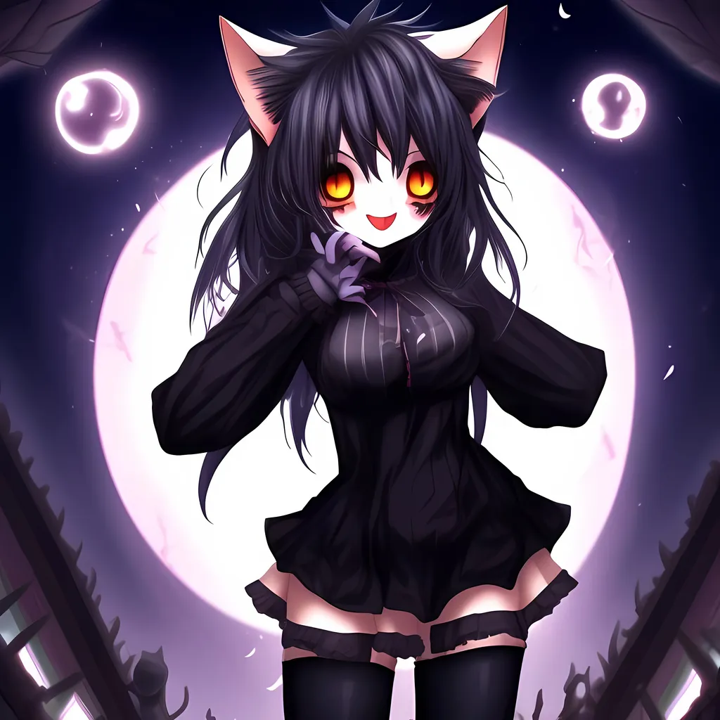 Prompt: anime cat girl with darkness theme, In room og big house and have soul around like a energy