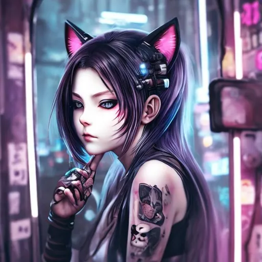 Prompt: anime cute cat girl loook herself in mirror that have scar in cheek, theme cyberpunk fallen world,have tattoo, logo for use