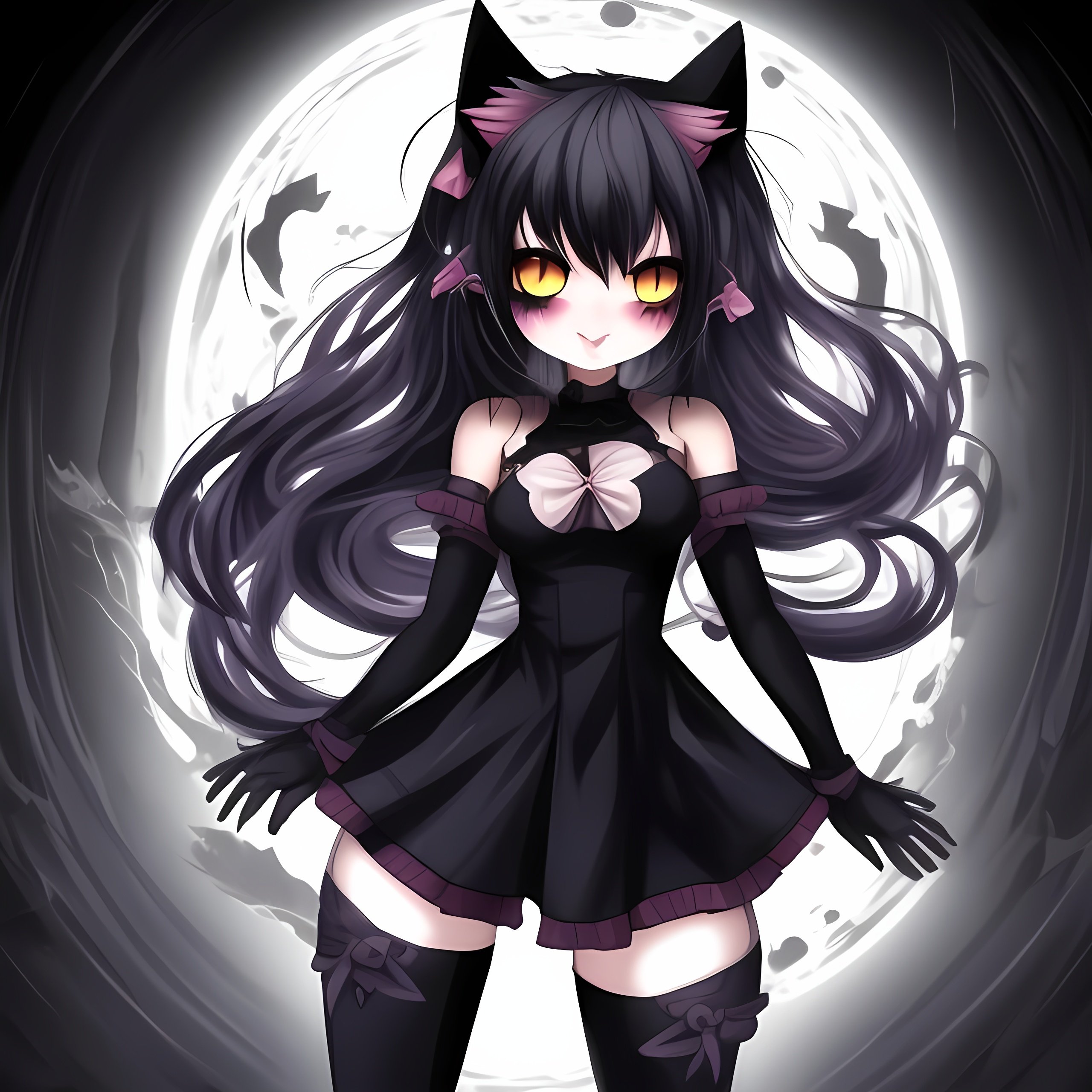 anime cat girl with darkness theme, In room og big h