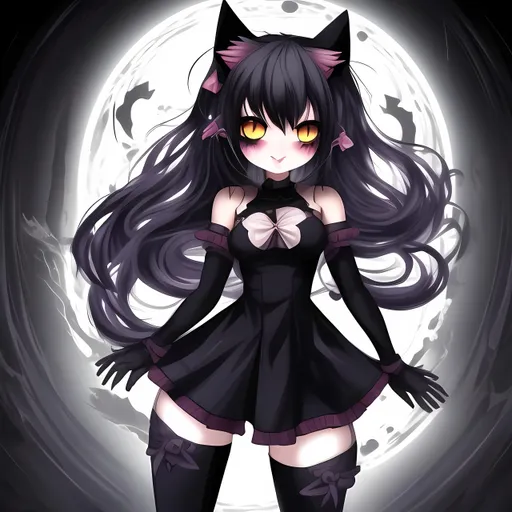 Prompt: anime cat girl with darkness theme, In room og big house and have soul around like a energy with black cover it