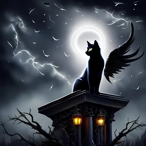 Prompt: black cat with beautiful dark night baackground and look onto the sky with angel  that fallen, theme high technology