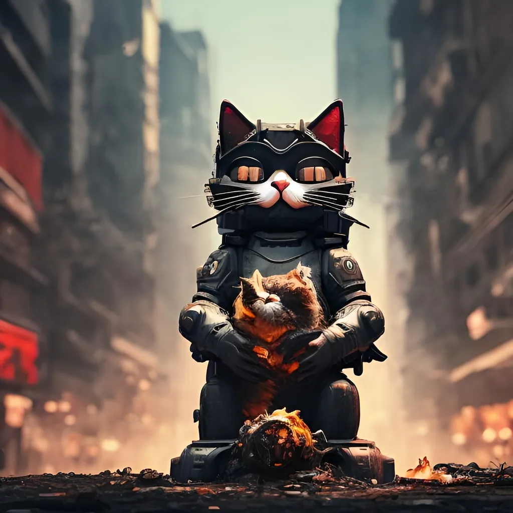 Prompt: logo cat holding tourch while it fire and litter, theme dark cyberpunk fallen world, sky full of dust and street is broken, eyes with white and black