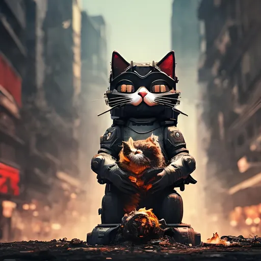 Prompt: logo cat holding tourch while it fire and litter, theme dark cyberpunk fallen world, sky full of dust and street is broken, eyes with white and black