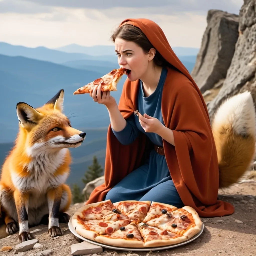 Prompt: Biblical ruth eating pizza with a fox on a mountian
