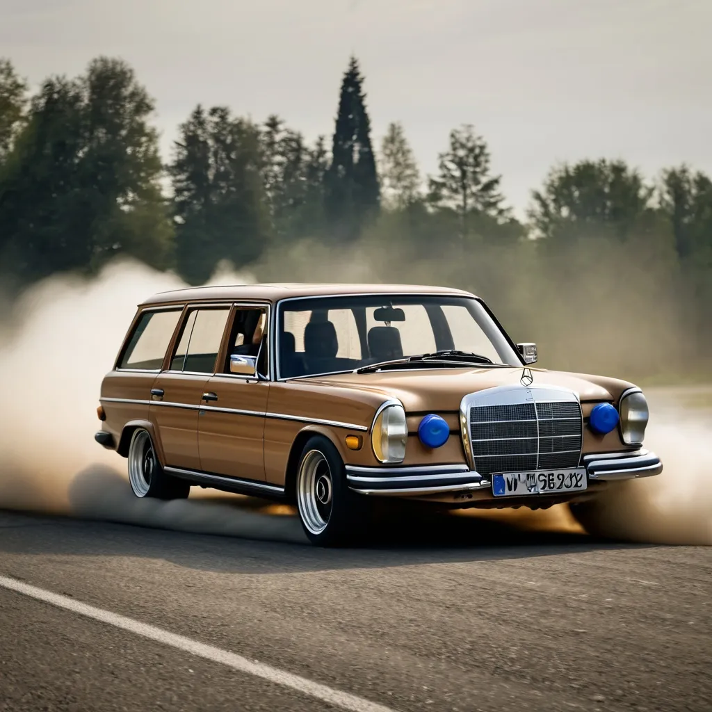 Prompt: Mercedes w115 wagon. Low. Drifting. Diesel