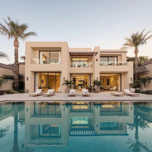 Prompt: modern house mediterrain style big windows sand colour facades pool in front water reflection palms high style


