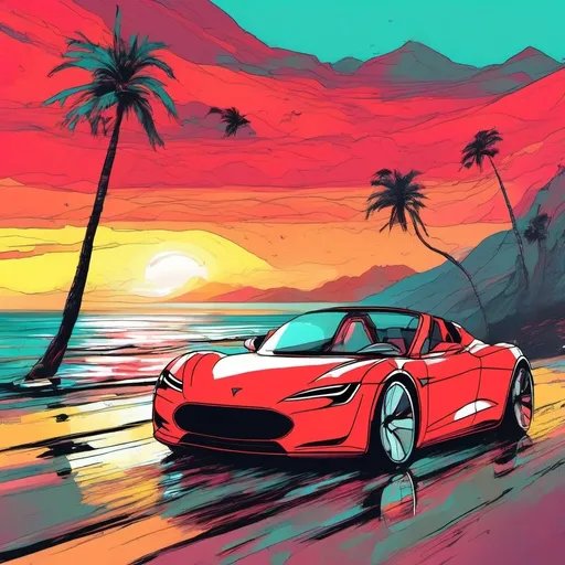 Prompt: vibrant red Tesla Roadster, driving on a flat beach with the waves lapping as the shore, sun setting, mountains and palm trees in the background