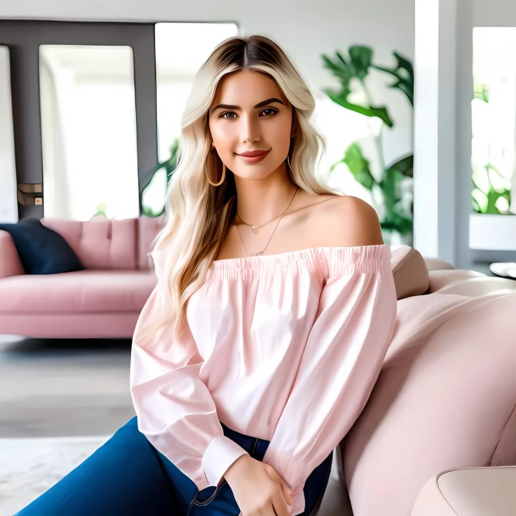 Prompt: Photorealistic, high detail, raw photo, 4k, high resolution, high quality, portrait of 18 year old girl in a pink cotton contour fitted off the shoulder blouse, mid waist slim fitted ripped denim mini skirt, light blonde hair,medium hair, pale skin, natural light, in the living room, sitting on the couch, legs spread, 35mm f/1.8, photographed with a Sony FE 