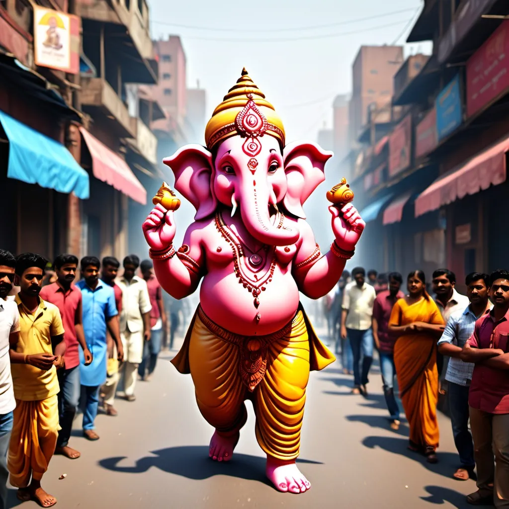 Prompt: 3d image of ganpati with mouse walking in the indian street with indian crowd on side