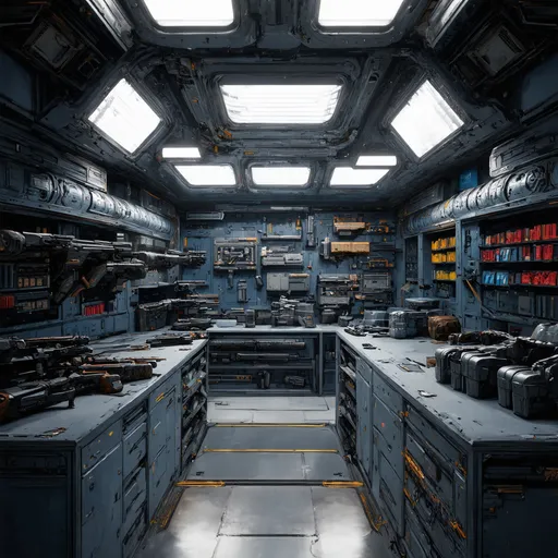 Prompt: sci fi shop on a space station filled with weapons and armor 