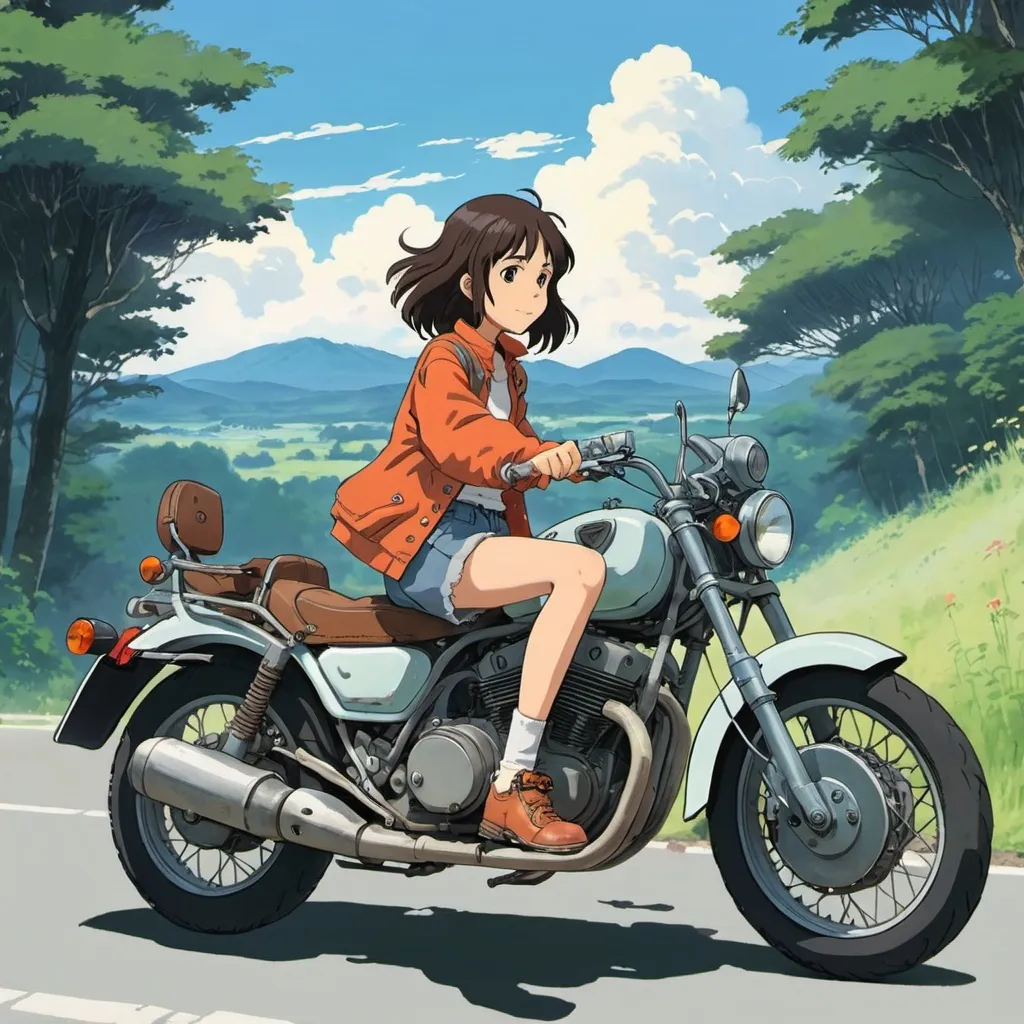 Prompt: 2d studio ghibli anime style, girl on motorcycle, anime scene