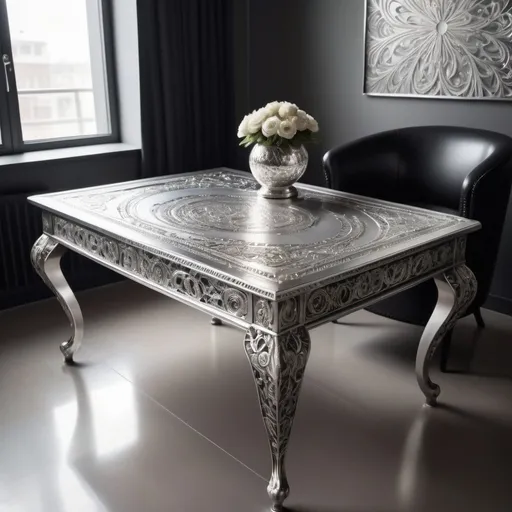 Prompt: Silver Metal Table with the detailed handmade skill of drawing on it as a luxury piece of furniture in the office