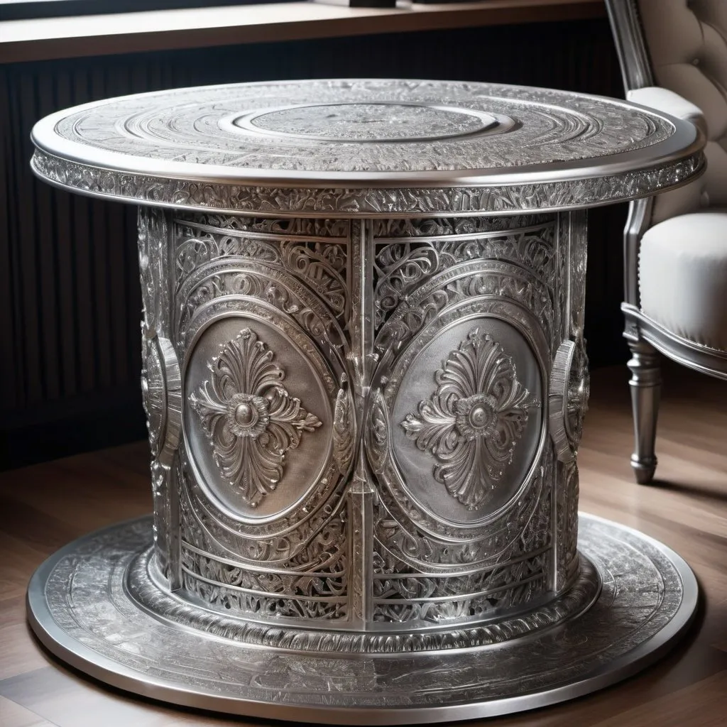 Prompt: Silver Metal Round Table with the detailed handmade skill of drawing on it as a luxury piece of furniture in the office