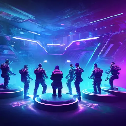 Prompt: Detailed digital illustration of a futuristic cybersport ranking ceremony, holographic projections of top CS:GO gamers, intense and competitive atmosphere, advanced holographic technology, vibrant and dynamic lighting, ultra-realistic, high-tech, cyberpunk, holographic projections, intense competition, futuristic, vibrant lighting