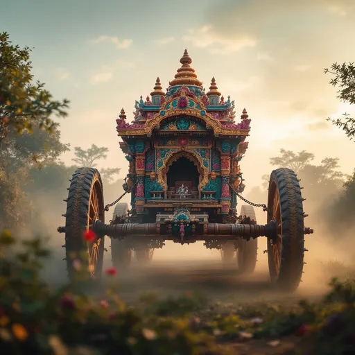 Prompt: Beautifully decorated jagganath Rath being pulled . No humans .dreamy state and background . Front view . The wheel coming towards camera 