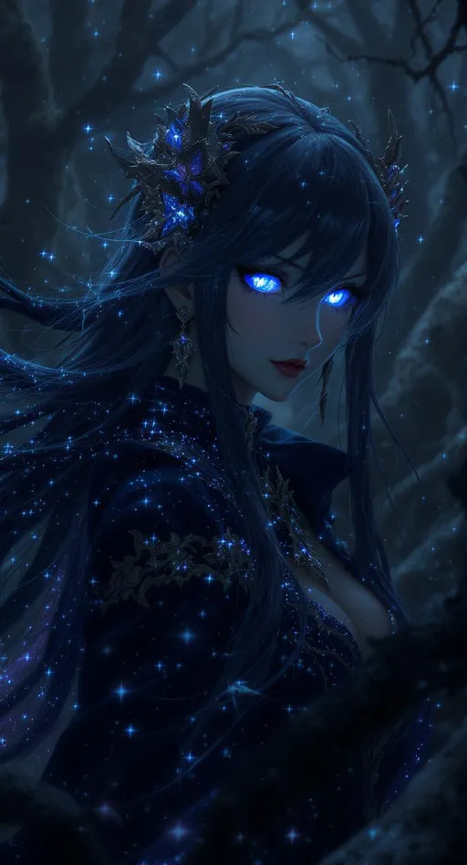 Prompt: Stunning dark fantasy anime girl, enchanted shadowy forest, flowing midnight hair with glistening night sky strands, detailed eyes, ethereal glow, highres, ultra-detailed, anime, dark fantasy, mystical, detailed hair, professional, atmospheric lighting