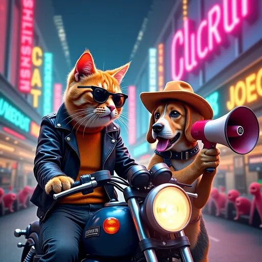 Prompt: "A comical scene featuring two funny characters: a cat wearing sunglasses and a leather jacket, and a dog in a cowboy hat holding a megaphone. They are in a futuristic city with flying cars. The cat is sitting on a motorcycle, while the dog is shouting something into the megaphone. The background is filled with neon signs and colorful alien creatures watching the scene with surprised expressions. The overall atmosphere is chaotic yet cheerful, with vibrant colors and exaggerated details."