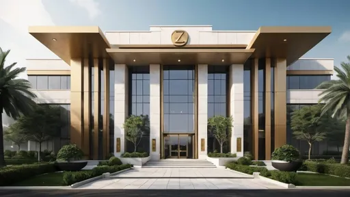 Prompt: "Create a daytime exterior view of the headquarters of the Zarin Group, a luxurious commercial holding located in a large, lush garden. The building should be two to three stories tall. The third floor features floor-to-ceiling glass windows, while the first and second floors are adorned with exquisite and pure white marble stones. The main entrance has a grand, towering door. Surrounding the building is a spacious parking lot. Ensure the design exudes a sense of luxury and sophistication. The Zarin Group logo should be prominently displayed at the top of the building in a bold, gold color. Large windows for natural light and outdoor seating areas in the garden for employees and guests to relax. The image should be highly realistic and lifelike, avoiding any cartoonish or animated style."


