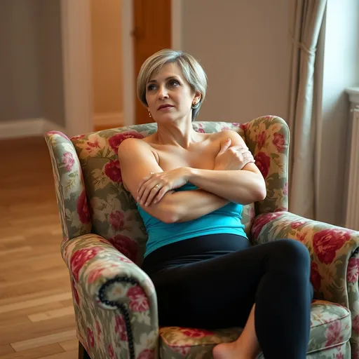 Prompt: A woman sits comfortably in a floral-patterned armchair, her posture relaxed as she leans back with her arms crossed and a contemplative expression. She has short, light-colored hair and wears a turquoise top paired with shapewear that accentuates her legs, which are crossed casually. The room features warm wood flooring and soft, muted wall colors, giving it an inviting atmosphere, while a gentle light illuminates the scene, suggesting an indoor setting during the evening. The composition highlights her expression and posture, creating a sense of introspection and calm, while the vibrant colors of the chair contrast with the neutral tones of the room, drawing attention to her presence. Overall, the image conveys a blend of comfort and thoughtful reflection in a cozy environment.