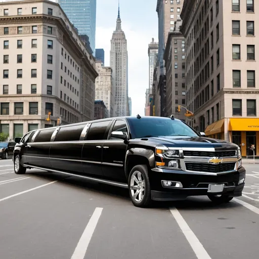 Prompt: Chevrolet limousine SUVs on the road with beautiful building of Newyork