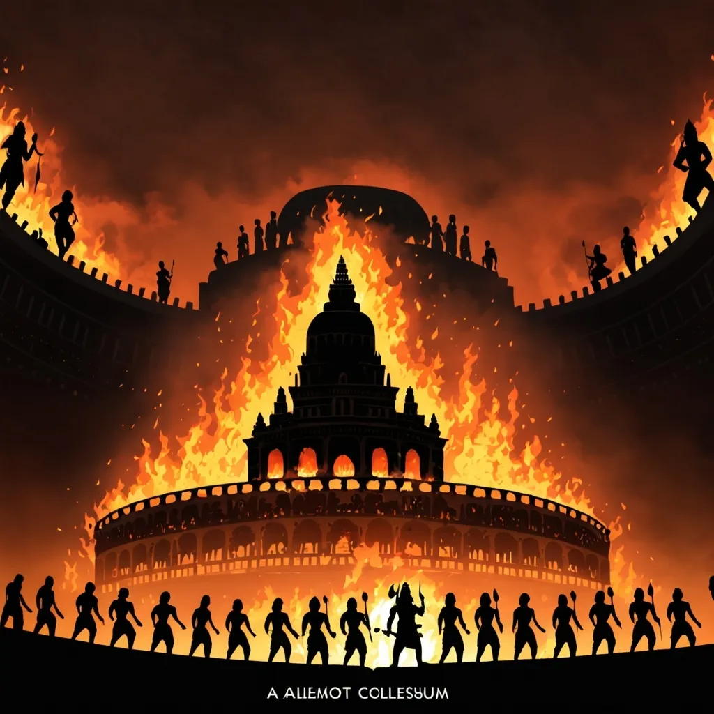 Prompt: A burning Coliseum with 11 silhouette of people in front from center to the edge of the frame for a book cover. with a black silhouette of Lord Shiva in the background