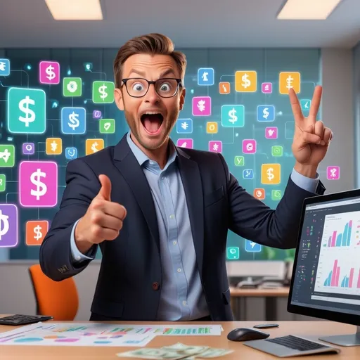 Prompt: Daniel pointing at floating AI tool icons, cartoon style, vibrant office, excited expression, charts and money icons around, animated gestures