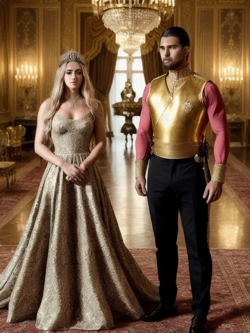 Prompt: Depict a young, elegant princess with her guard. Princess Zara, around 25, wears a royal floral-embroidered gown with her golden hair cascading and a silver crown highlighting her status. Leo, her 28-year-old strong, tanned protector, stands beside her in black pants and a sleeveless shirt, emphasizing his strength and protection. The scene is set in an ornate, vintage room with floral-patterned walls, where they look at each other with love and respect."