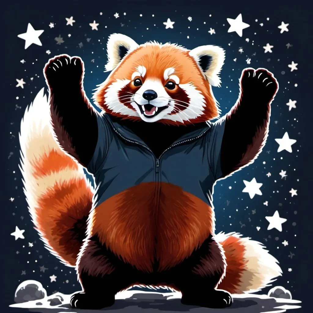 Prompt: scary red panda standing up with arms up, with stars behind it, 2d art, 6 colors