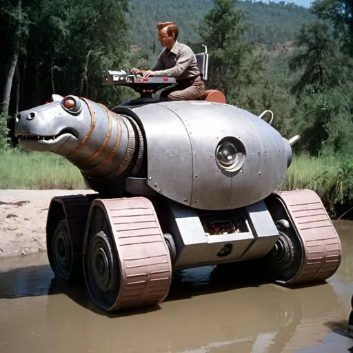 Prompt: the robot from lost in space on a hippo