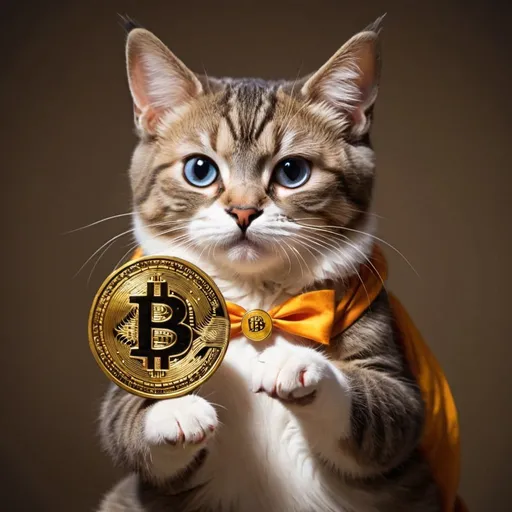 Prompt: put a meow cat holding a bitcoin
