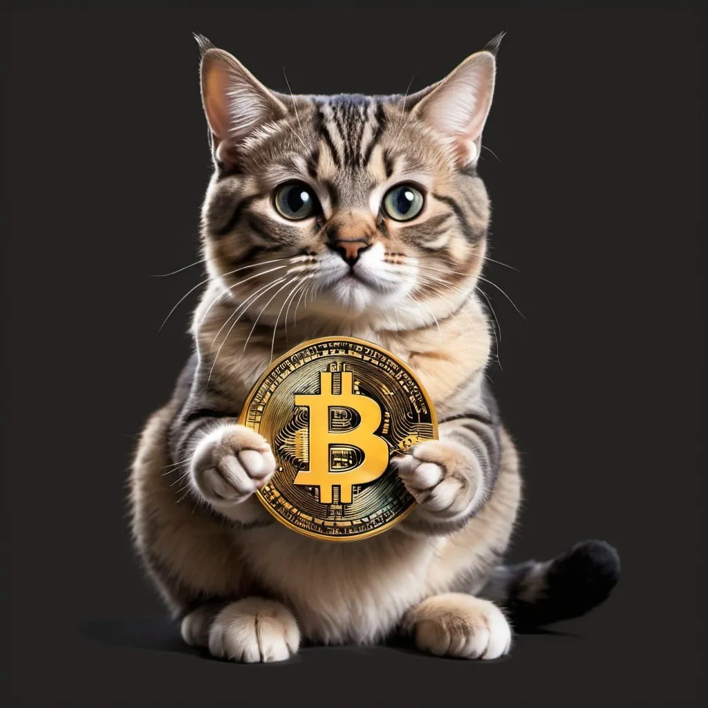 Prompt: put a meow cat holding a bitcoin