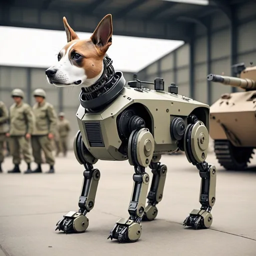 Prompt: put a robot dog
 in a army uniform 