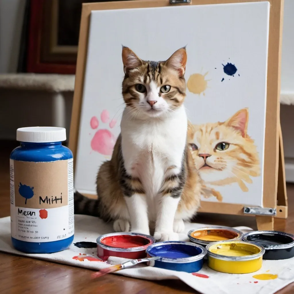 Prompt: a meow cat with a paint set and an canvas 
 