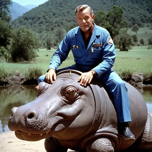 Prompt: Dr. smith from lost in space on a hippo