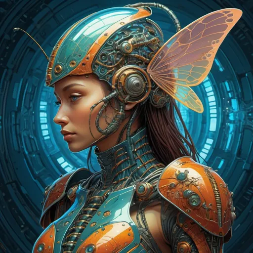 Prompt: Moebius-style illustration of a woman in insect chitin armor, intricate details on the armor, futuristic biomechanical theme, vibrant color palette, otherworldly atmosphere, high-res, ultra-detailed, moebius, futuristic, insect chitin armor, vibrant colors, biomechanical, intricate details, otherworldly atmosphere, professional, atmospheric lighting