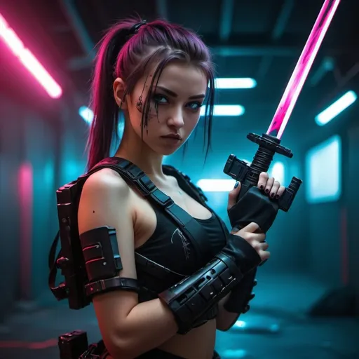Prompt:  cyberpunk girl with katana and laser gun Realstic photography