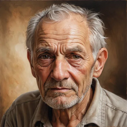 Prompt: Detailed, realistic portrait of an elderly man, oil painting, deep wrinkles and expression lines, weathered skin, wise and kind eyes, silver beard and hair, traditional art, warm earthy tones, soft and natural lighting, high quality, lifelike, realistic, traditional art, elderly man, weathered skin, wise eyes, oil painting, realistic portrait, traditional, warm tones, soft lighting