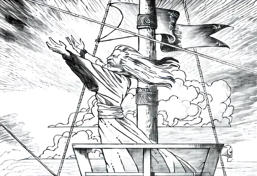 Prompt: a wizard at the top of a ship's sail conjuring a storm, 90s fantasy, old school dnd, line-art, black and white