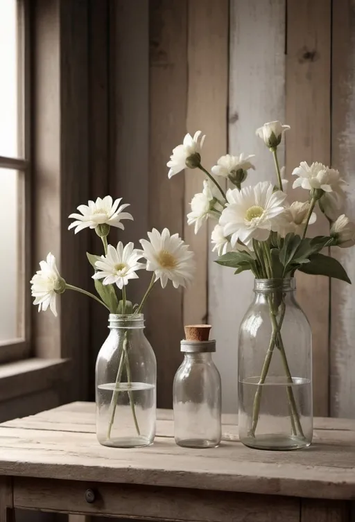 Prompt: High-res, photorealistic, white flowers, glass bottles, rustic wood table, rustic wall, soft directional lighting, white tones, beige shades, grey accents, detailed textures, realistic, still life, soft lighting