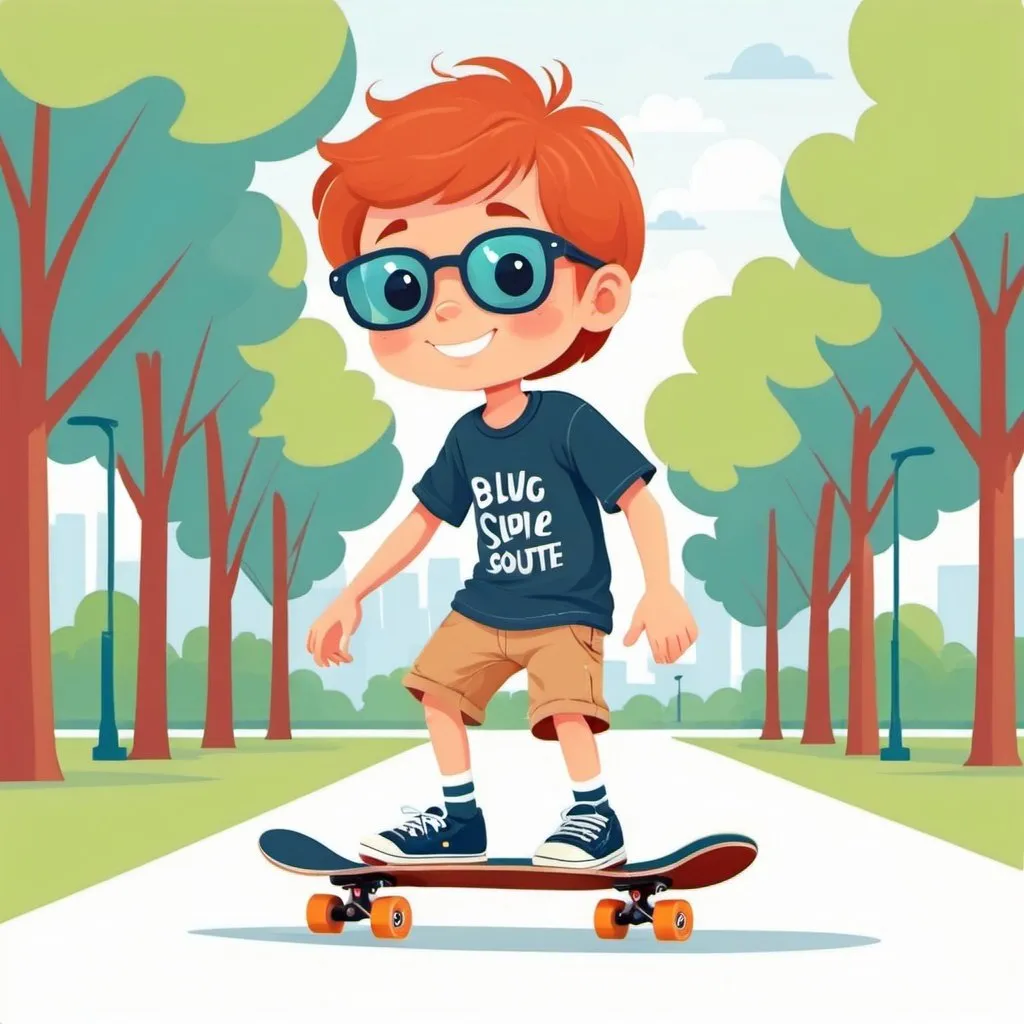 Prompt: cute little boy skateboarding in park, short sleeves, flat illustration, cartoon, vector illustration