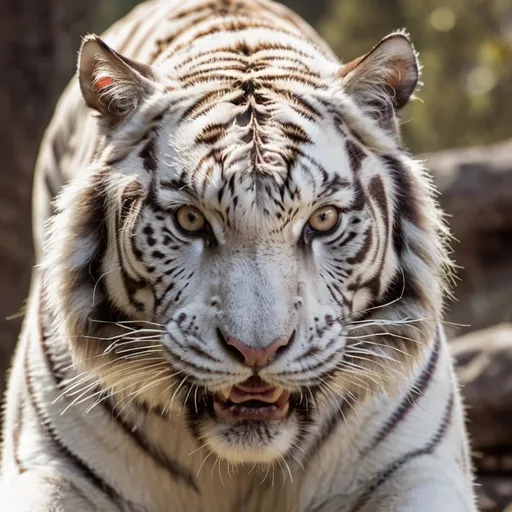 Prompt: White Tiger with aggressive stare while the background is ancient forest with mountains