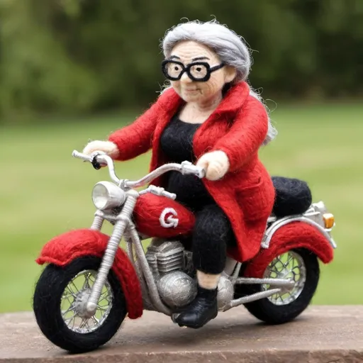 Prompt: Gangsta granny on motorbike made of wool