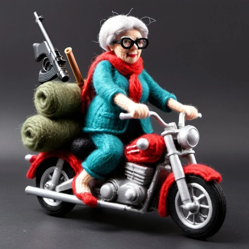 Prompt: Gangsta granny on motorbike made of wool holding an rpg gun 