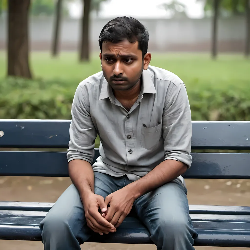Prompt: 35-year-old heartbroken Indian guy sitting on the bench.
