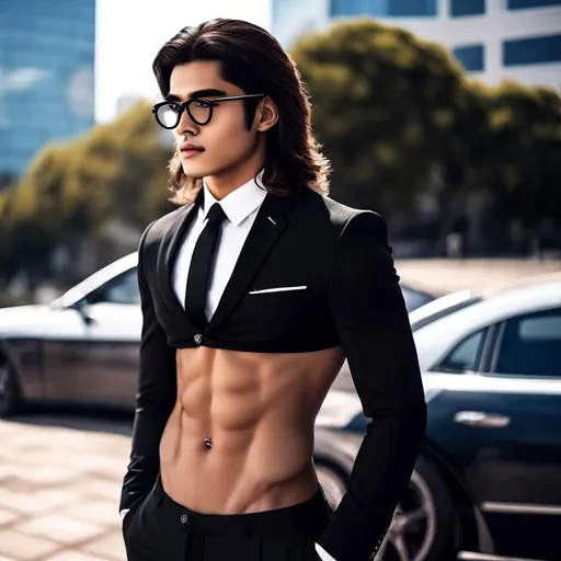 Prompt: an attractive long-haired 20-years old man with rock hard  abs and eyeglasses wearing a crop top black suit and tie with a bare navel and an exposed belly button, sideview, outside background, afternoon, full body 
