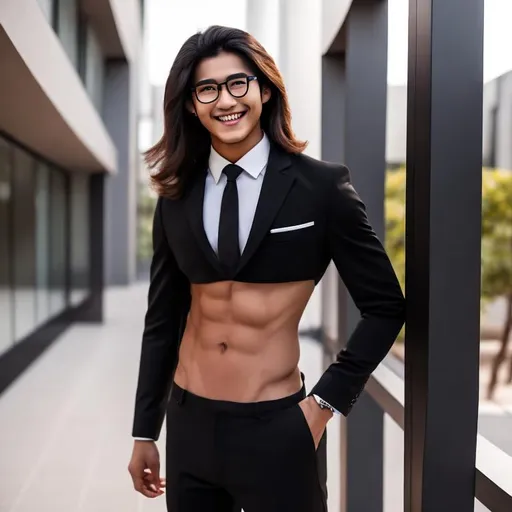 Prompt: a smiling long-haired 20-years old man with a six pack abs and eyeglasses wearing a crop top black  suit and tie with a bare navel and an exposed belly button, he is standing outside by a library building,